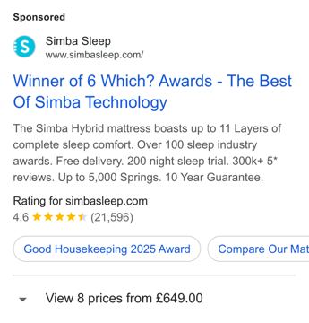 Simba ad — Winner of 6 Which? Awards, best Simba technology