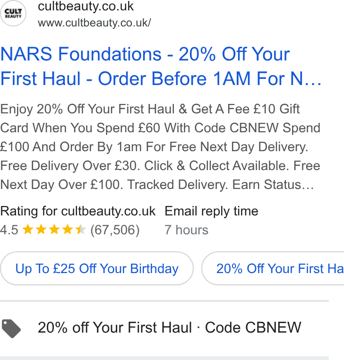 Cult Beauty ad — 20% off your first haul, free next day delivery