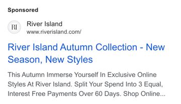 River Island ad — New season styles with interest-free split payments