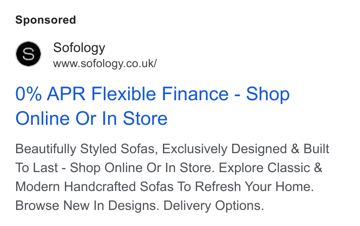 Sofology ad — 0% APR flexible finance on beautifully styled sofas