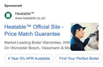 Heatable ad — Price match guarantee on boiler installation with 0% APR