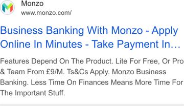 Monzo ad — Apply online in minutes, take payments, free or £9/m