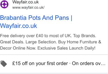 Wayfair ad — Free delivery, top brands, great deals, £15 off first order