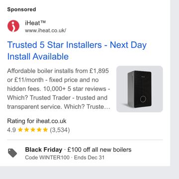 iHeat ad — Trusted 5-star boiler installs from £1,895 next day