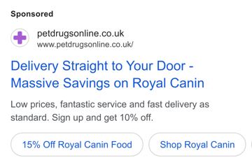 Pet Drugs Online ad — Massive savings on Royal Canin, delivered to your door