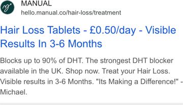 Manual ad — Hair loss tablets from £0.50/day with visible results