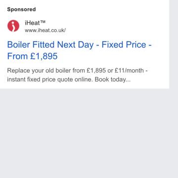iHeat ad — Boiler fitted next day, fixed price from £1,895