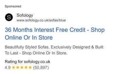Sofology ad — 36 months interest free credit on sofas