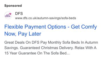 DFS ad — Flexible payment options — get comfy now, pay later
