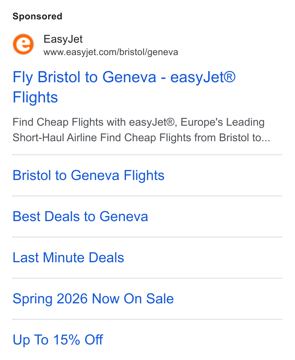 easyJet ad — Fly Bristol to Geneva with easyJet, up to 15% off