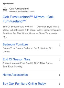 Oak Furnitureland ad — End of season sale — 3 years interest-free credit