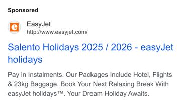 easyJet ad — Book Salento holidays with hotel, flights and baggage included