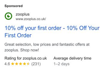 Zooplus ad — 10% off your first order at zooplus