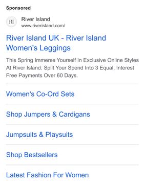River Island ad — Exclusive online styles, split payments interest free