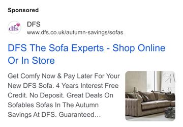 DFS ad — Get comfy now, pay later with 4 years interest free