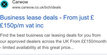carwow ad — Business lease deals from £150/m vat inc