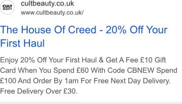 Cult Beauty ad — 20% off your first haul at Cult Beauty