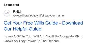 RNLI ad — Download a free wills guide and leave a gift to RNLI