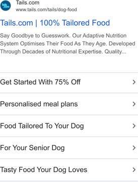 tails.com ad — 100% tailored dog food, get started with 75% off