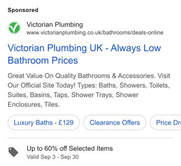 Victorian Plumbing ad — Always low bathroom prices, up to 60% off