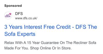 DFS ad — 3 years interest free credit on sofas