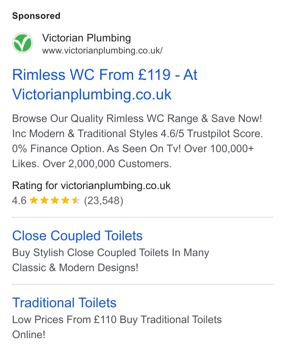 Victorian Plumbing ad — Rimless WC from £119, quality range, 0% finance