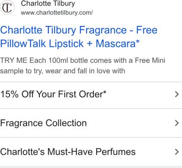 Charlotte Tilbury ad — Free PillowTalk lipstick and mascara with fragrance purchase