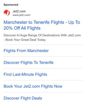 Jet2 ad — Up to 20% off all flights from Manchester