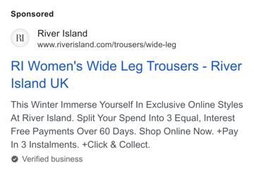 River Island ad — Exclusive online styles, split into 3 interest-free payments