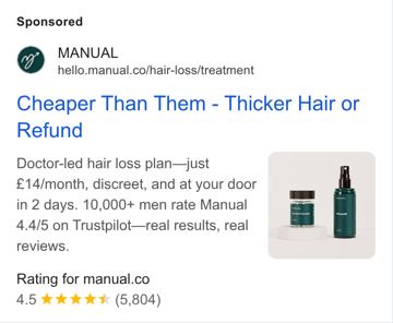 Manual ad — Cheaper than rivals, thicker hair or money back
