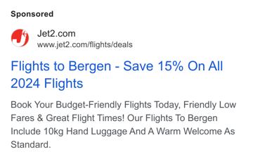 Jet2 ad — Save 15% on all 2024 flights to Bergen