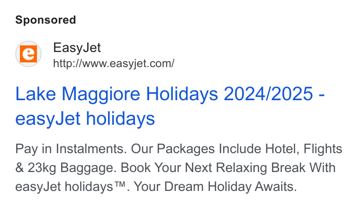 easyJet ad — Hotel, flights and baggage — pay in instalments