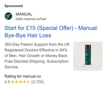 Manual ad — Start for £15 — hair growth or money back