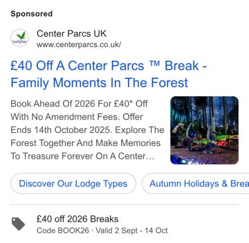 Center Parcs ad — £40 off a Center Parcs break, family moments in the forest