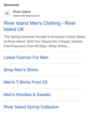 River Island ad — Exclusive online styles, split payments over 60 days