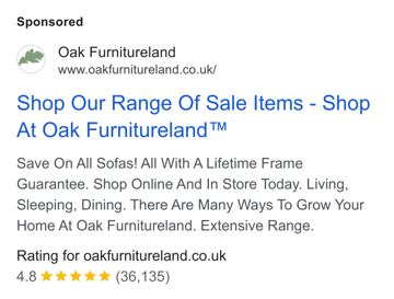 Oak Furnitureland ad — Save on all sofas with lifetime guarantee