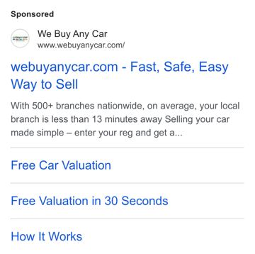 We Buy Any Car ad — Free car valuation in 30 seconds