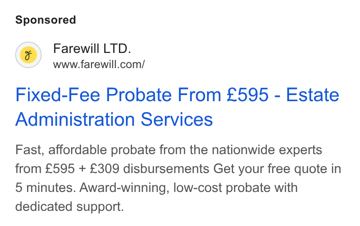 Farewill ad — Fixed-fee probate from £595 with free quote