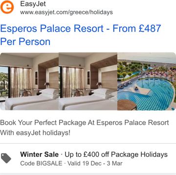 easyJet ad — Winter sale up to £400 off package holidays