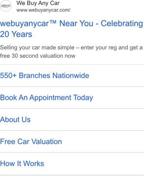 We Buy Any Car ad — Free 30 second car valuation, 550+ branches nationwide