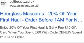 Cult Beauty ad — 20% off first haul, £10 gift card at £60