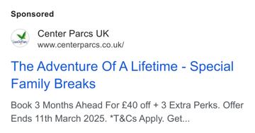 Center Parcs ad — Book 3 months ahead for £40 off plus perks