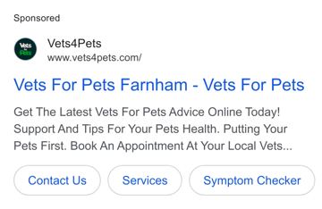 Vets4Pets ad — Get pet health advice online, book appointment