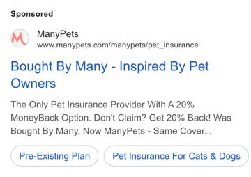 ManyPets ad — 20% MoneyBack Option. Don't Claim? Get 20% Back