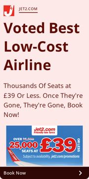 Jet2 ad — Voted Best Low-Cost Airline – £39 seats