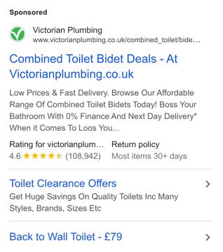 Victorian Plumbing ad — Low prices, fast delivery, 0% finance available