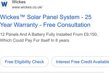 Wickes ad — Solar panels with 25-year warranty, pay for itself in 8 years