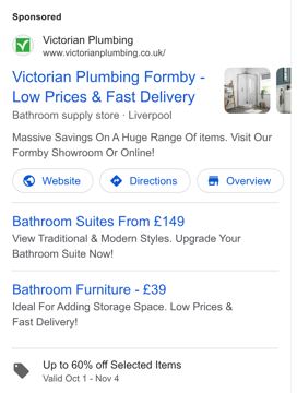 Victorian Plumbing ad — Bathroom furniture & suites from £39 with up to 60% off