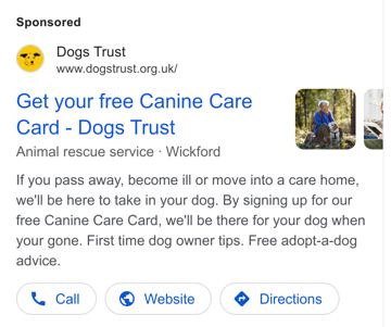 Dogs Trust ad — Free card for pet emergency care peace of mind