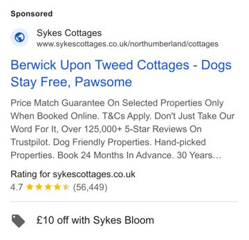 Sykes Cottages ad — Dog-friendly cottages with price match guarantee